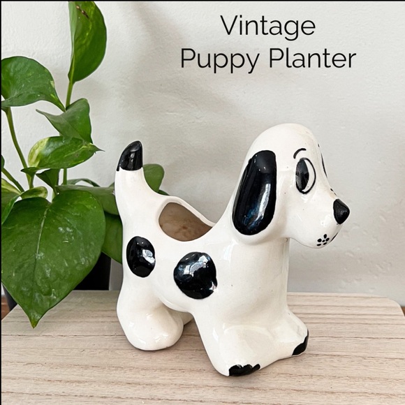 Sweet Vintage Ceramic Black & White Puppy Dog Garden Planter Succulent Holder - Picture 1 of 8
